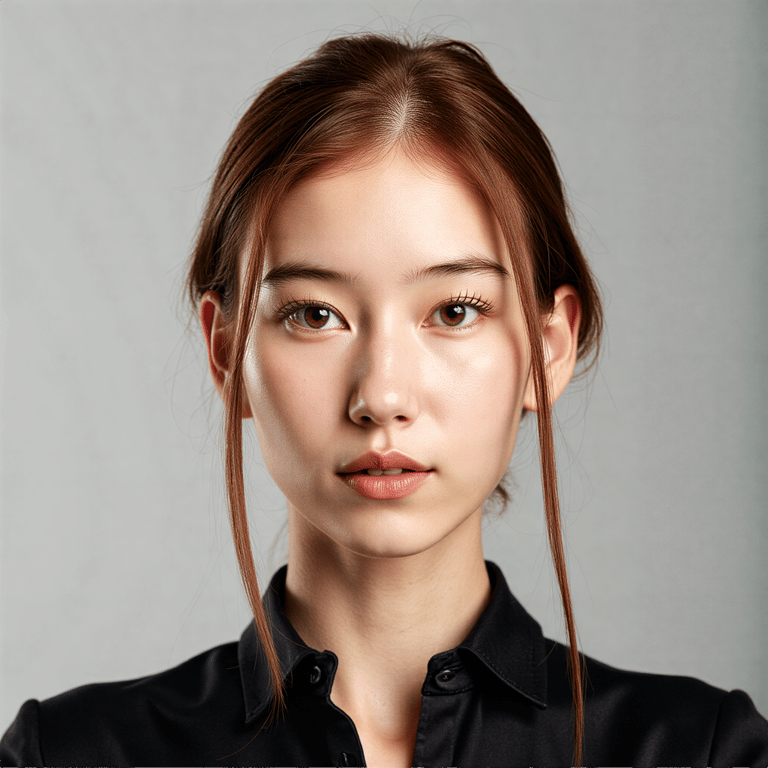 A highly detailed HDR passport-style headshot of a woman in her late 30s. She ha
