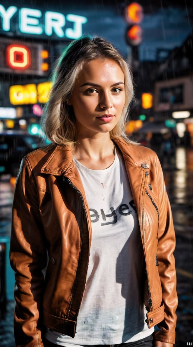 Cyber-enhanced woman, cyberpunk cityscape, neon lights, intense, cinematic.