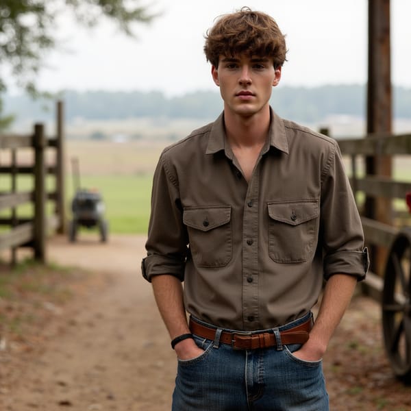 A male subject standing outdoors on a working farm, captured in a medium three-quarter body shot at eye level for authenticity. He is wearing a casual button-up shirt with rolled sleeves, denim jeans, and leather boots, fabrics showing natural wear, creases, and texture. Hair is slightly tousled, natural and practical. Skin texture is realistic with visible pores, sun exposure, and subtle imperfections. Lighting is natural daylight with soft shadows, balanced exposure. Background includes wooden fencing, open fields, farm tools, and greenery softly blurred. Composition is grounded and honest, lifestyle photography style, highly detailed, highly realistic, HDR quality.