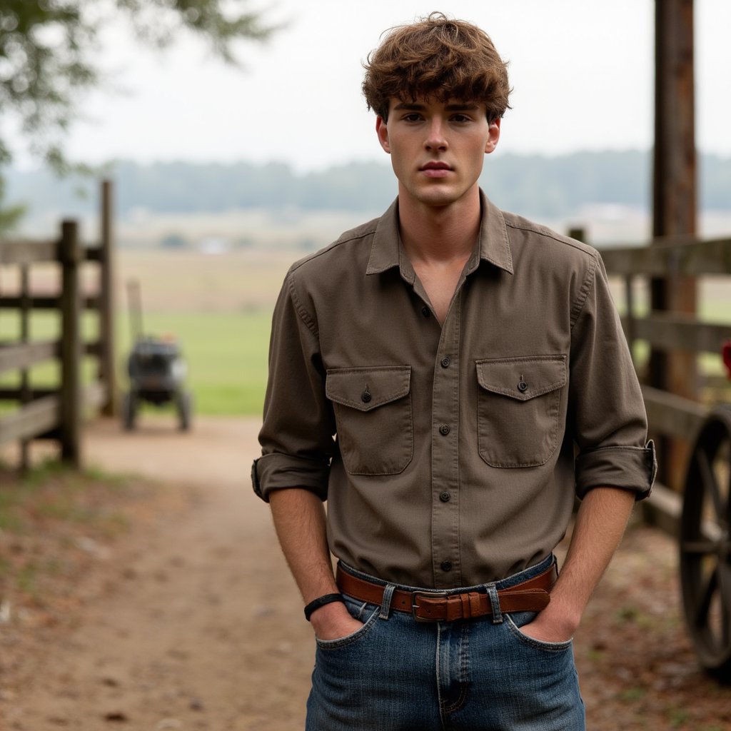 A male subject standing outdoors on a working farm, captured in a medium three-quarter body shot at eye level for authenticity. He is wearing a casual button-up shirt with rolled sleeves, denim jeans, and leather boots, fabrics showing natural wear, creases, and texture. Hair is slightly tousled, natural and practical. Skin texture is realistic with visible pores, sun exposure, and subtle imperfections. Lighting is natural daylight with soft shadows, balanced exposure. Background includes wooden fencing, open fields, farm tools, and greenery softly blurred. Composition is grounded and honest, lifestyle photography style, highly detailed, highly realistic, HDR quality.