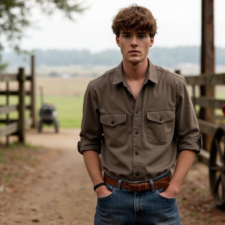 A male subject standing outdoors on a working farm, captured in a medium three-q