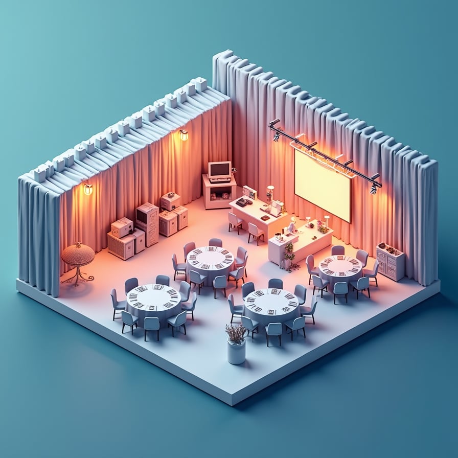 3D isometric view of an event venue for a conference