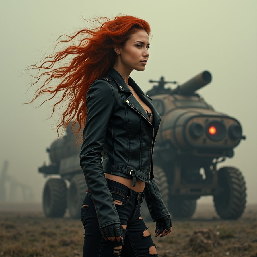 Woman in distressed black leather jacket, skinny high-waist ripped jeans, fiery mane flowing freely, commanding a monstrous mechanical vehicle, foggy post-apocalyptic wasteland background, intense dramatic lighting, dark industrial colors, positioned on the right side of the frame, cinematic composition, low-angle shot.