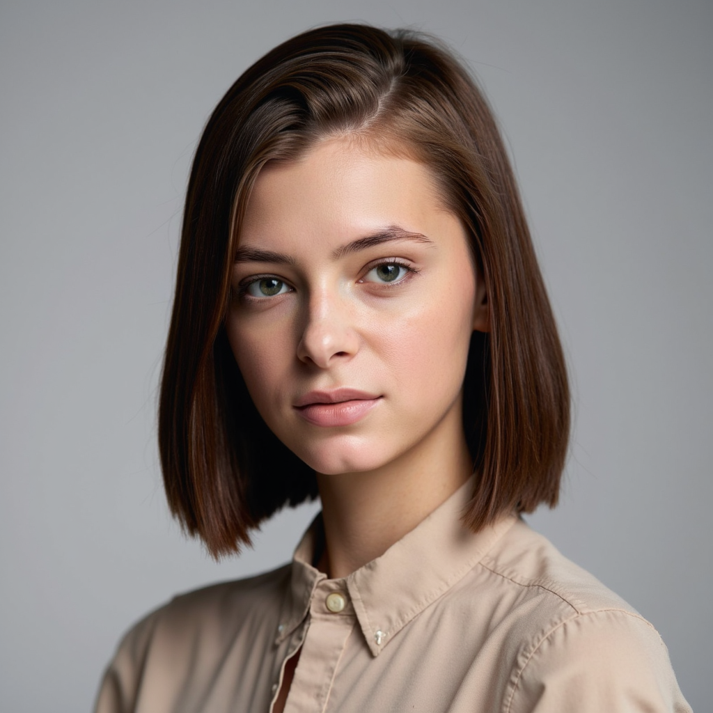 A highly realistic HDR passport photo of a woman in her mid-20s framed in a tigh