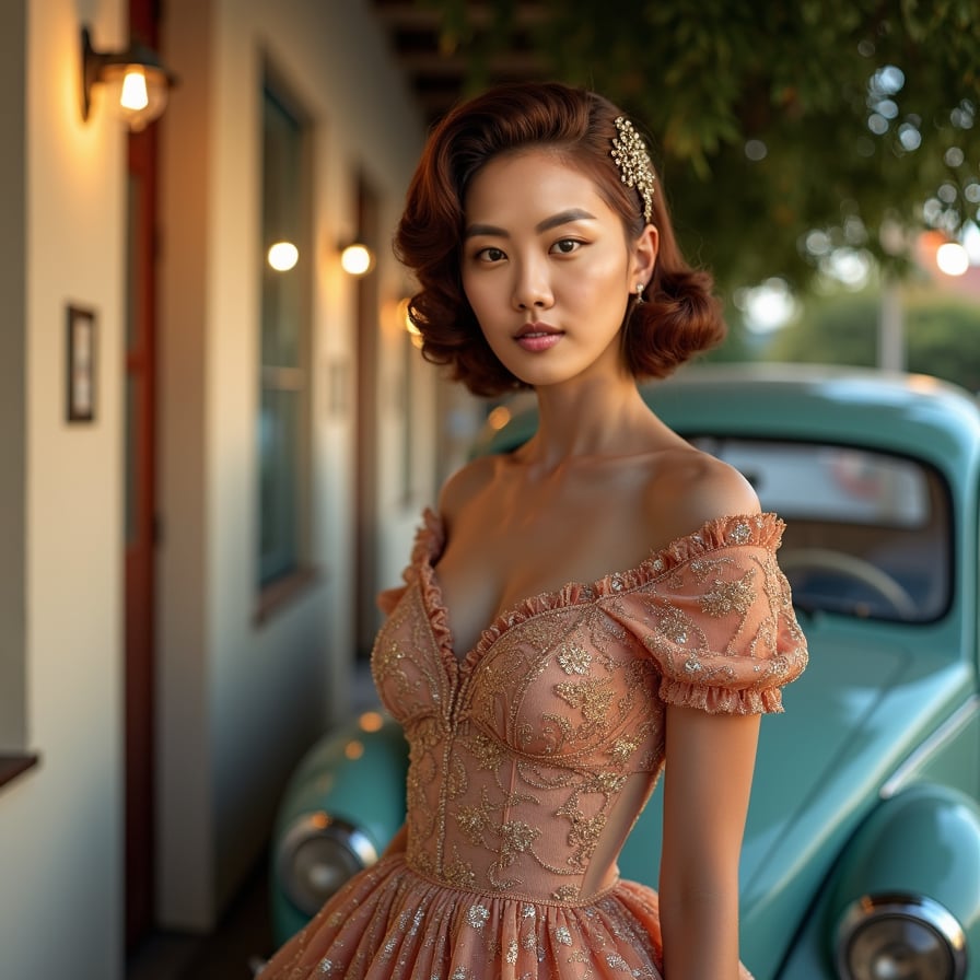 Vintage Glamour: The model is styled in retro 1950s attire, complete with classic hair and makeup. She stands in front of a vintage car or an old-fashioned café, her expression and posture exuding timeless elegance and grace.