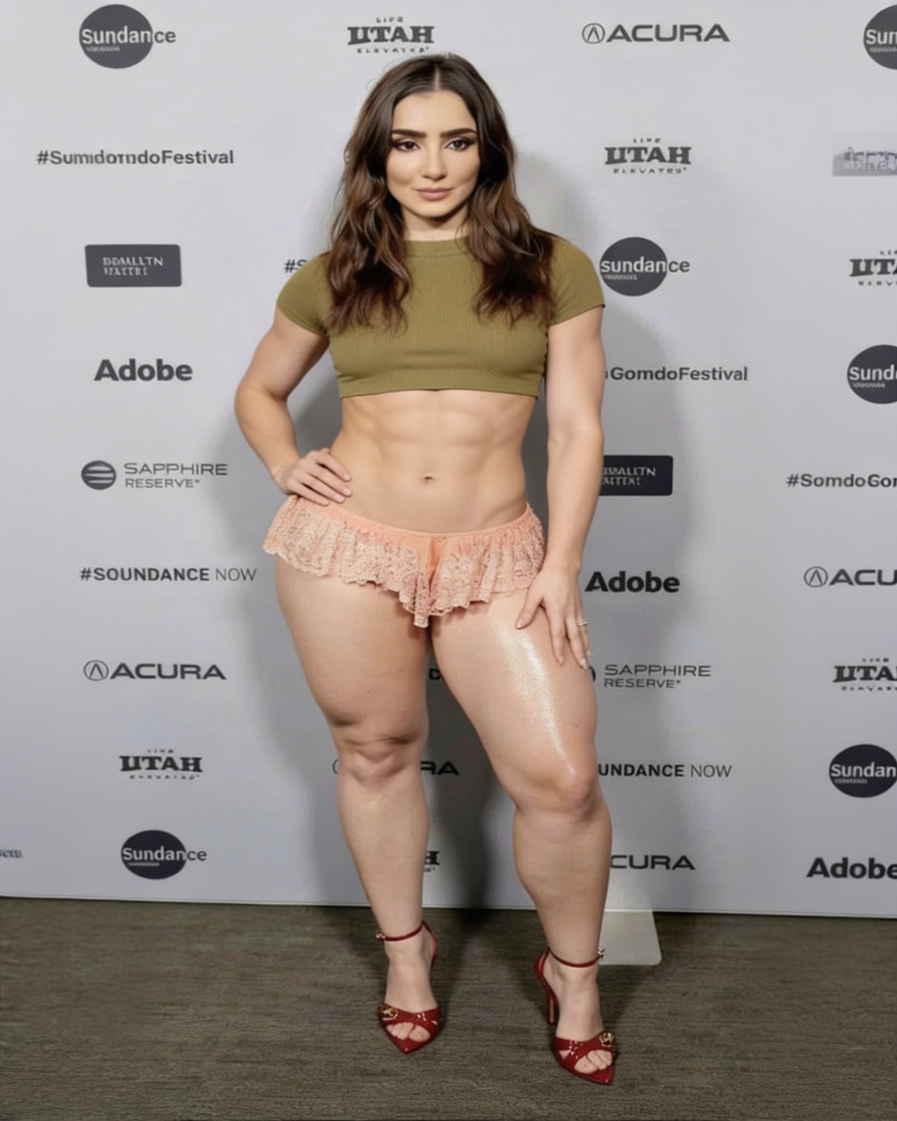 Edit the provided image while strictly preserving the woman’s exact identity, face, facial features, expression, hairstyle, hair, skin tone, pose, hand placement, camera angle, framing, red heels, peach lace shorts, and the original event backdrop. Do not regenerate or alter her face.
Remove the red jacket completely so her torso and arms are clearly visible. Keep the existing olive-green top, but make it a short fitted crop top ending above the abdomen, leaving her entire stomach and waist visible.
Transform her physique into a lean, visibly athletic and toned female physique. Give her clearly visible, well-defined six-pack abs — all abdominal sections should be visibly separated with realistic muscle definition, including a defined center line and subtle oblique definition. The abs must be immediately noticeable, not merely a flat stomach or faint abdominal shadows.
Significantly tone and lean out both thighs: reduce excess thigh fat and circumference, especially the inner and upper thighs, while adding subtle realistic quadriceps definition. Make the calves slightly leaner and toned as well. Tone her exposed arms and shoulders naturally. Keep feminine, anatomically realistic proportions — athletic rather than muscular/bodybuilder-like.
The result must look like the exact same woman in the exact same photograph after a major fitness transformation. Preserve her original stance and proportions naturally. Realistic skin texture, muscle contours and original lighting.
Priority: clearly visible six-pack abs + noticeably leaner, toned thighs + jacket completely removed.
Do not change her identity, face, hair, makeup, skin colour, shorts, shoes, pose, hands, background, camera perspective or image composition. No fake painted-on abs, no exaggerated muscles, no distorted legs, no unnaturally tiny waist, no AI-looking anatomy.