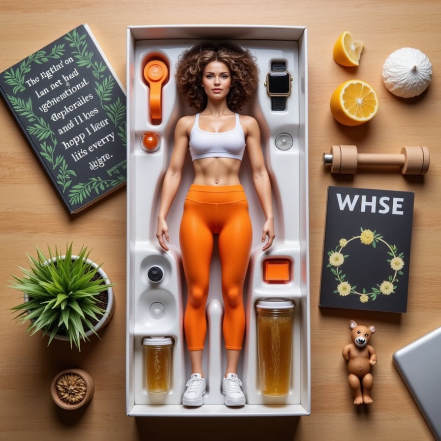 Decked in bold-colored gym wear, this figure strikes a power pose next to a set of dumbbells, protein shaker, smartwatch, and motivational quotes.