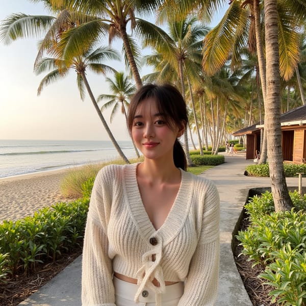 A fresh portrait of a woman with minimal makeup, loose hair, and a cozy sweater in a natural outdoor setting. Captured with soft light, airy tones, and subtle greens for a calming, aesthetic Instagram feed.
