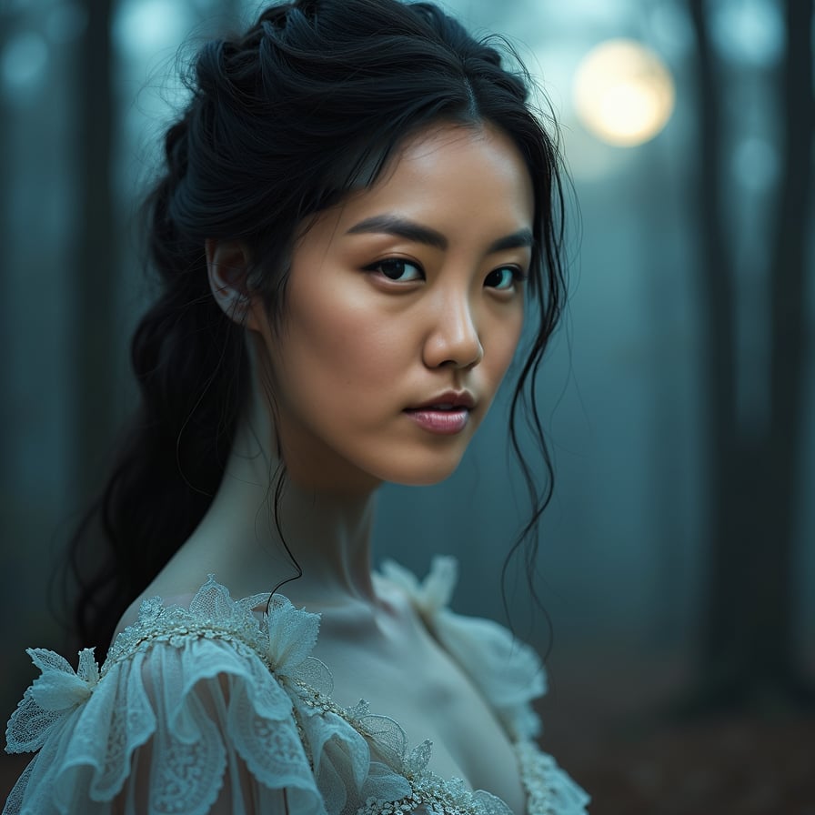 woman in luxurious Victorian-era inspired gown with intricate lace details, porcelain skin, dark eyeliner, posing in dimly lit, mysterious forest setting with subtle mist, under soft glow of full moon, romantic, eerie, mysterious, regal, refined.