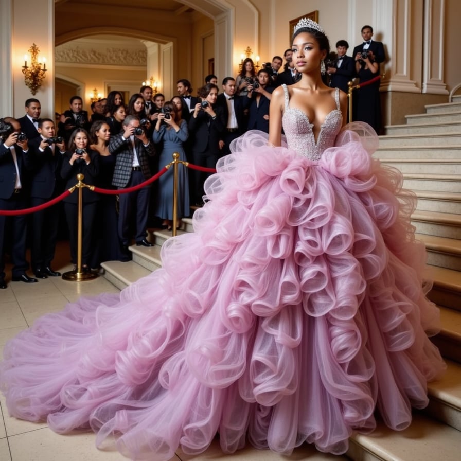 A woman draped in a hyper-feminine tulle explosion, in soft pinks and lavenders, with bubble sleeves, heart-shaped makeup, and a glittering tiara veil