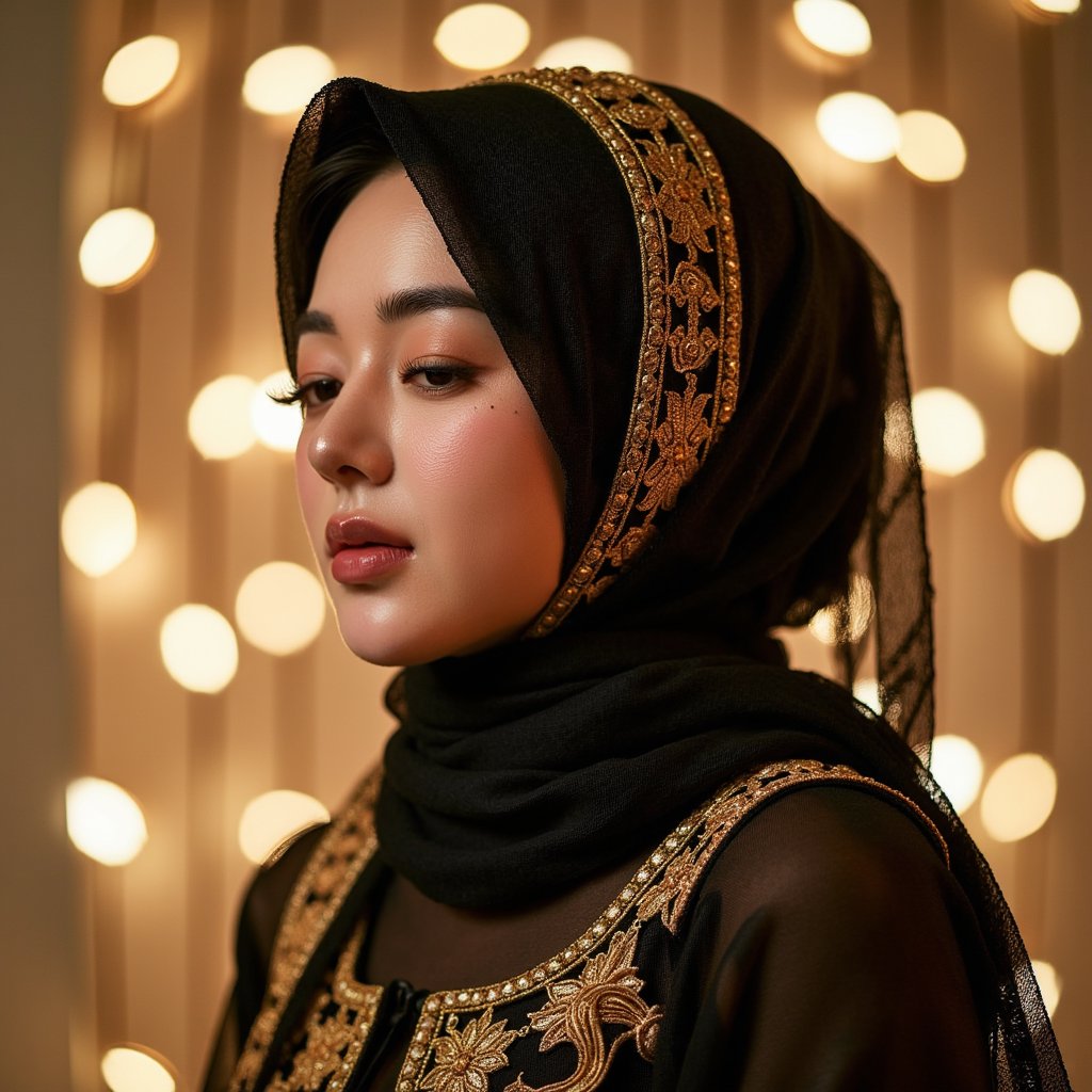 Close-up headshot of a woman in an elegant hijab with gold embroidery, eyes closed in reflection, soft background lights resembling Mawlid night ambiance