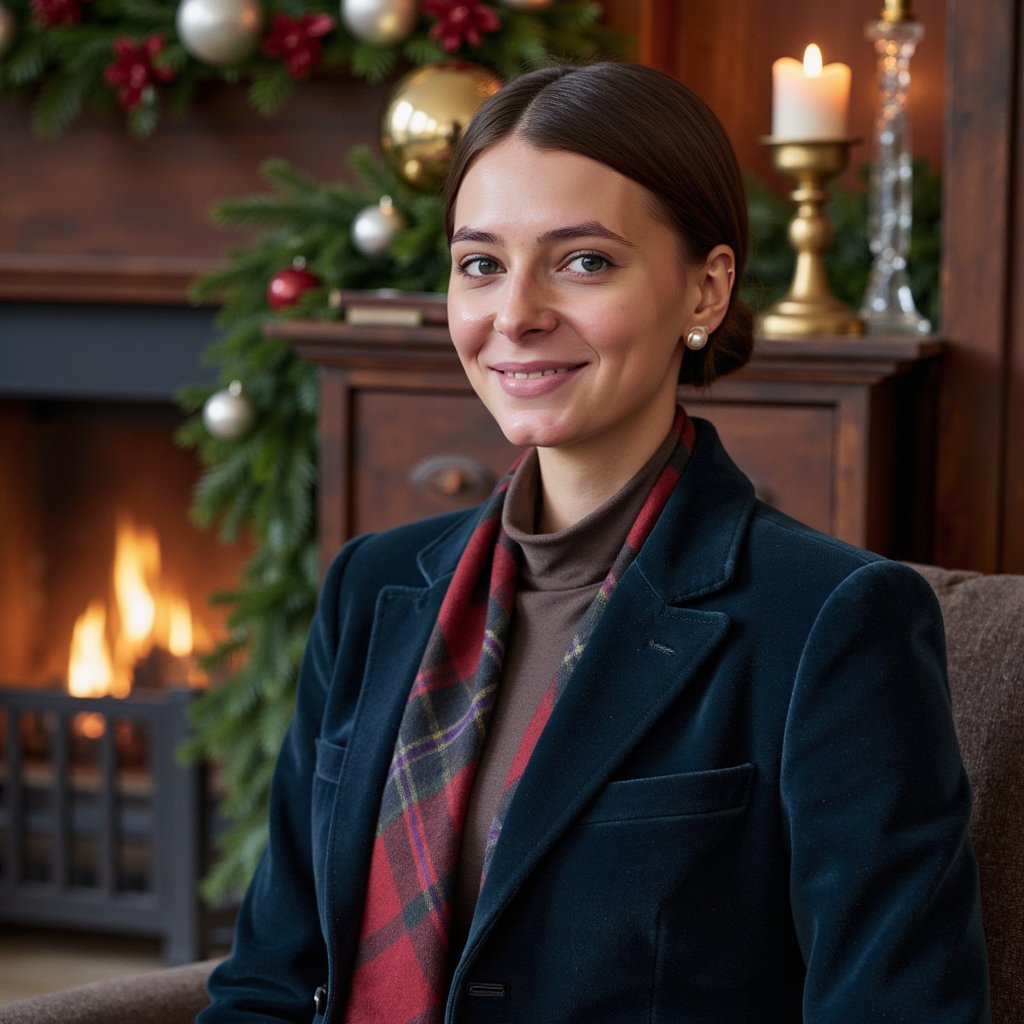 A poised woman seated ¾ to camera, head slightly tilted, soft smile. Hairstyle: sleek low chignon with a few face-framing strands. Attire: jewel-tone velvet blazer with peak lapels over a fine-gauge cashmere turtleneck; subtle tartan scarf tucked at the neck; small pearl studs. Fabric details: visible velvet pile, crisp wool twill in the scarf. Camera: eye-level, 85mm portrait, f/1.8 for creamy bokeh. Lighting: warm key from fireplace + gentle fill; candle bokeh highlights; slight rim from a hidden practical lamp. Background: mahogany-paneled library, brass candlesticks, crystal ornaments, evergreen garland—tastefully blurred, minimal clutter. Pose: relaxed shoulders, hands out of frame. Color mood: rich jewel tones, warm brass. Render: highly detailed, highly realistic, HDR; skin texture natural; minimal retouching.