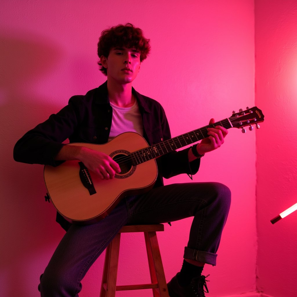 Knee-up portrait of a musician sitting on a wooden stool holding an acoustic guitar, warm ambient lighting, candid moment like a backstage session