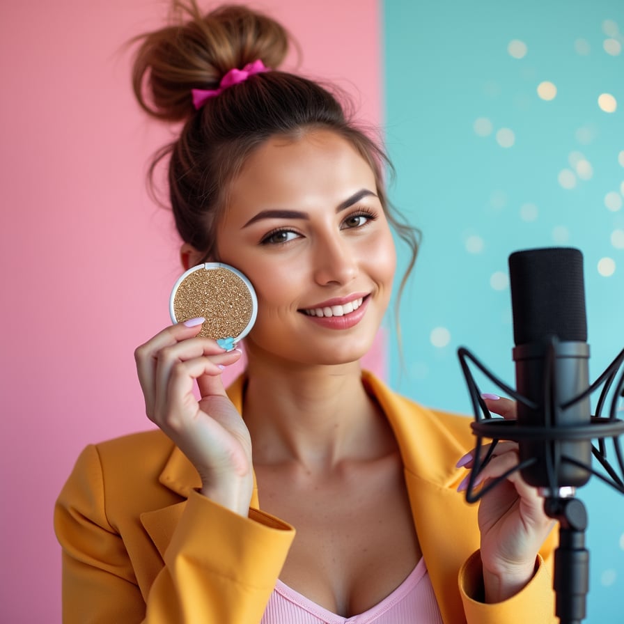 Generate a creative thumbnail headshot of a woman styled as a beauty vlogger. She is wearing trendy makeup and holding a brush or compact mirror, with a playful smile. The background is soft pastel or glitter-themed, complementing her content's aesthetic