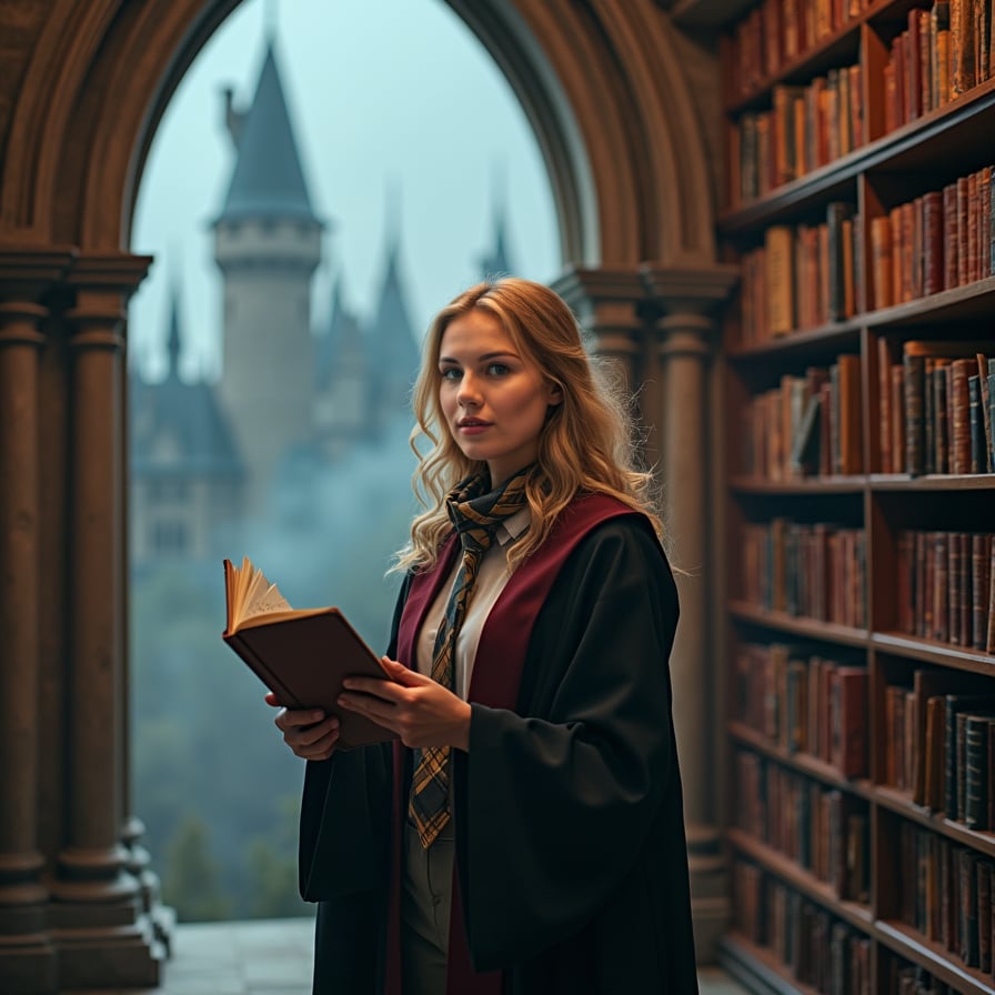 woman wearing a stylish blouse and a skirt or trousers, surrounded by shelves of books, holding a novel or a research paper, under soft, warm lighting, with a subtle background blur of the library's ambient atmosphere