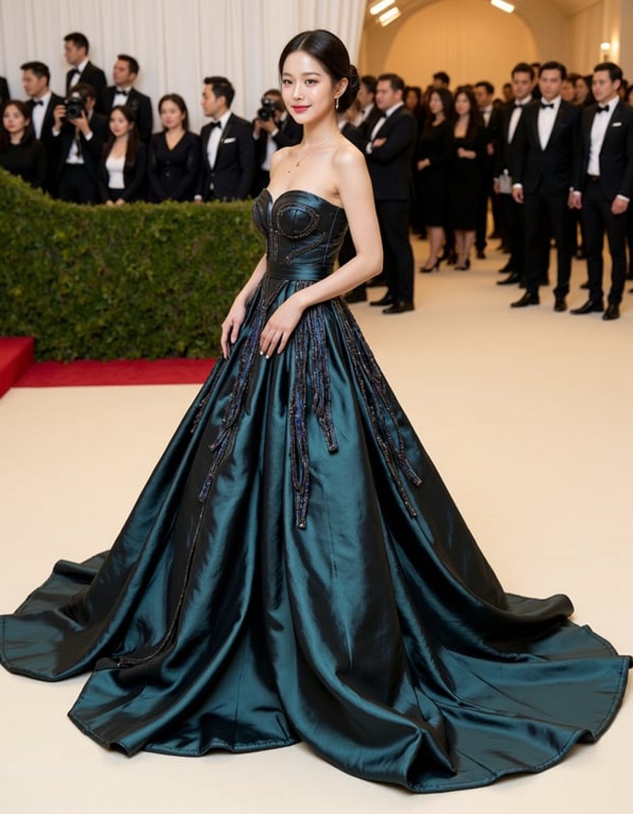 A striking figure, with the uploaded person's unmistakable face, commands attention on the Met Gala red carpet, embodying a "Heavenly Bodies meets Futuristic Royalty" theme. She is styled with flawless dewy makeup, sharp contour, and a dramatic, smoky eye look that mesmerizes. Her hair is sculpted into a sleek, avant-garde wet-look updo, complementing her extravagant designer gown. The dress is a masterpiece of high fashion couture, featuring an elegant, bold silhouette with voluminous flowing fabric in deep jewel tones and iridescent metallic accents that catch the cinematic lighting. Intricate embellishments and avant-garde structural elements intertwine, giving the gown a fantastical yet modern appeal, complete with a long, dramatic train that trails behind her. Luxury diamond jewelry adorns her, paired with statement high heels, as she strikes a confident, editorial pose amidst the flashing cameras and bustling photographers, creating an ultra-realistic, high-detail scene reminiscent of a Vogue magazine spread in 8k resolution.