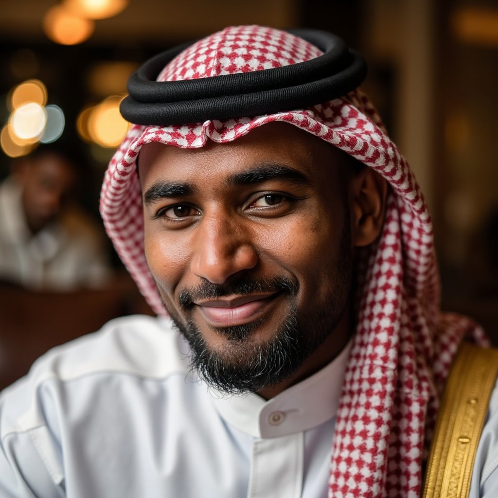 Portrait of a serene man in traditional thobe and kufi, soft warm lighting, gentle smile, peaceful expression — celebrating Mawlid with dignity