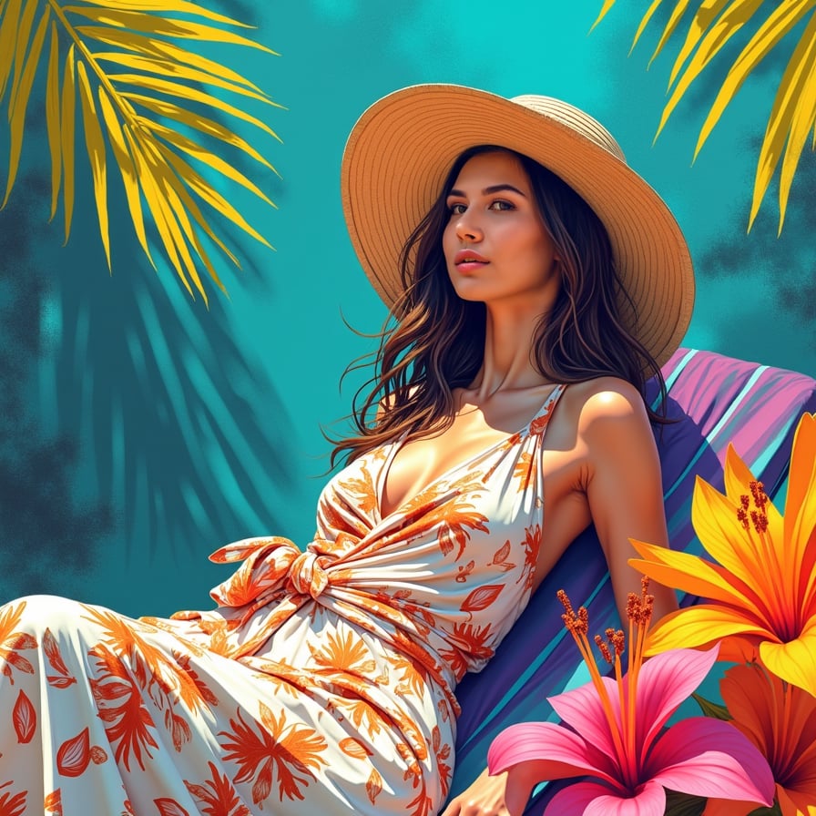 A full coloured vibrant sketch of a woman lounging in a tropical paradise, surrounded by large, brightly colored palm leaves and exotic flowers. She wears a flowing, tropical-patterned sarong, her sun hat casting a soft shadow over her relaxed face. The sketch features vivid blues, greens, and yellows, with the bright sunlight creating high-contrast shading. The sketch style is loose and playful, with thick outlines and splashes of watercolor-like color filling the scene. The overall mood is serene yet lively, capturing the essence of a tropical getaway