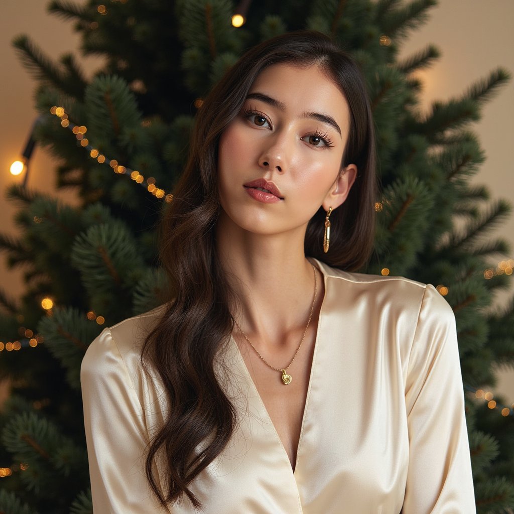 Head-and-shoulders portrait of a woman against a clean, elegant evergreen backdrop decorated with tiny warm fairy lights. She faces the camera calmly with a serene, Christmas-card expression. She wears a cream satin blouse with soft sheen and a gold pendant necklace.
Hair: voluminous soft curls parted to one side.
Makeup: holiday glam—soft shimmer eyeshadow, long curled lashes, warm pink lipstick.
Lighting: balanced beauty softbox from the front with a gentle hair-light from above to define curls.
Background: dark green pine branches with gentle glowing bokeh; minimal clutter, clean composition.
Camera: 85mm f/2.2; highly detailed, highly realistic, HDR, showing satin shine, hair texture, and precise bokeh.