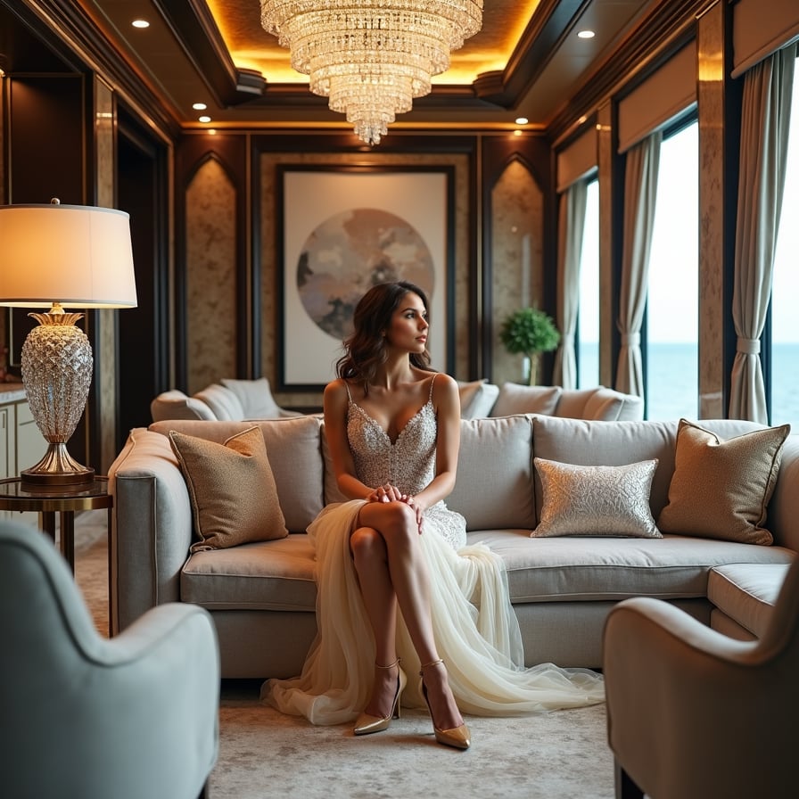 woman in elegant attire, surrounded by opulent decorations and lavish furnishings, inside a luxurious motorhome with sleek, modern design and expansive windows, capturing the essence of luxury travel and adventure.