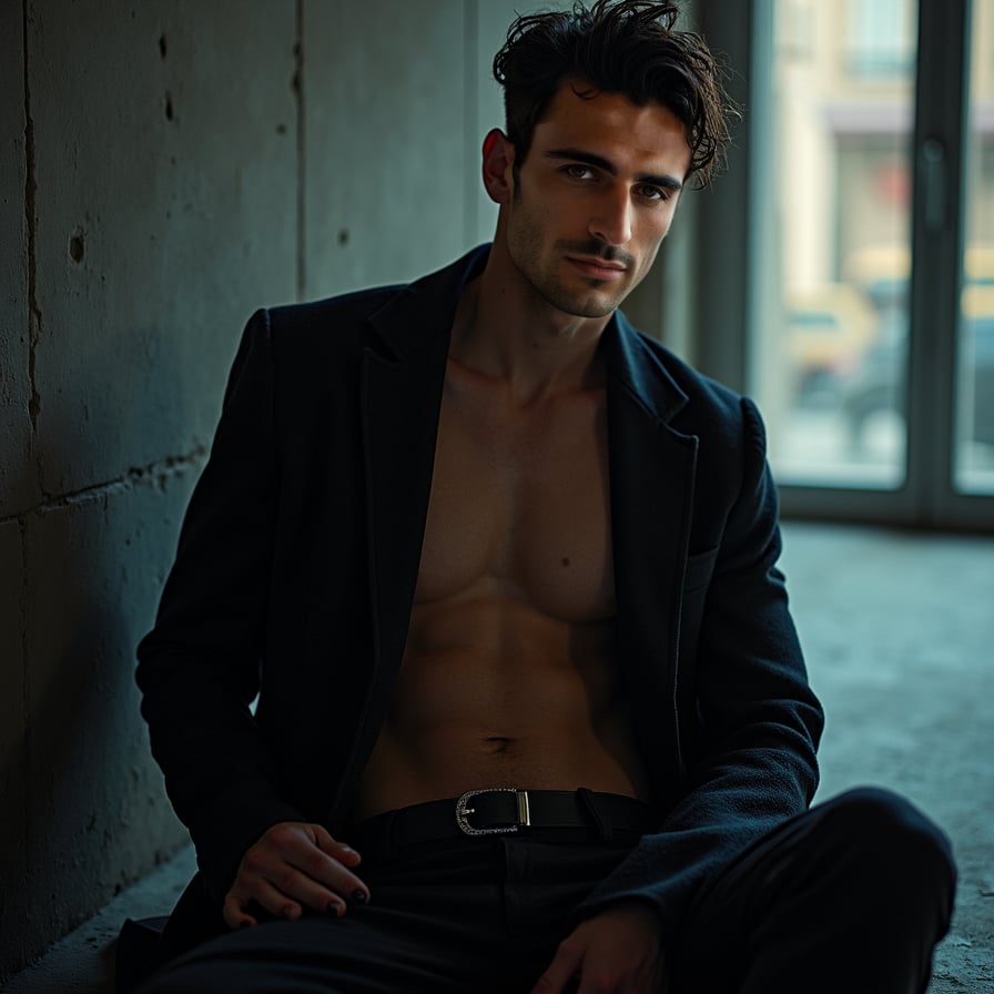 man with a strong artistic vibe. He is styled in dark, textured clothing, with dramatic lighting creating shadows and depth. The background is moody and urban, showcasing an air of mystery and creativity