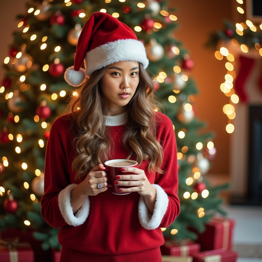 woman in festive holiday attire, adorned with sparkling jewelry and a warm smile, surrounded by twinkling Christmas lights and decorations, holding a cup of hot cocoa or a decorative ornament, against a cozy winter wonderland backdrop