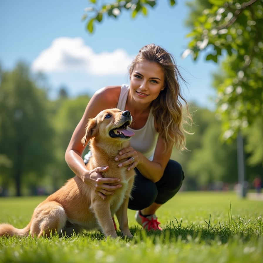 woman in casual athletic wear, surrounded by lush greenery, laughing and playing with her adorable dog in a sunny park, under a clear blue sky with a few puffy white clouds.