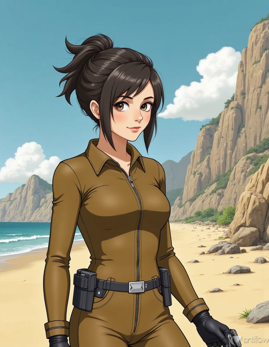 woman in a futuristic landscape, dressed up like tomb raider protagonist, animated style image with soft colours and hand-drawn style art inspired by ghibli studio production