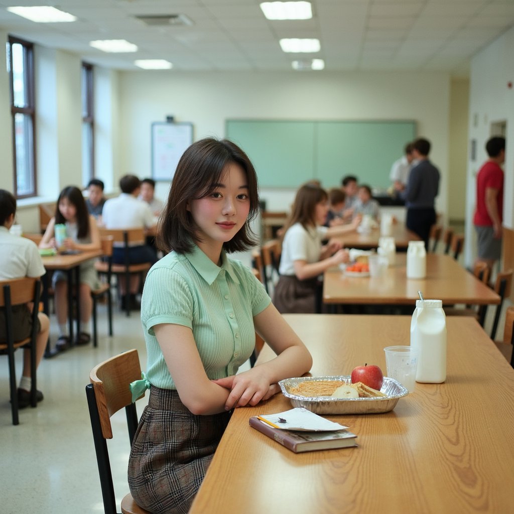 Highly realistic 1960s cafeteria scene, centered on a girl seated at a long wooden lunch table, captured from an overhead angle with a 28mm lens. She wears a mint green short-sleeved blouse in crisp cotton with faint vertical stripes, tucked into a high-waisted plaid skirt in muted browns and blues. Fabric creases naturally at her waist and elbows, with faint thread irregularities visible in close detail. Her hair is styled in soft shoulder-length curls with a satin ribbon tied in a bow at the back. Skin tone is even with a natural flush across her cheeks, dimples visible as she smiles at someone off-frame. On the table in front of her: a vintage aluminum lunch tray with neatly arranged sandwich, apple, and milk carton, all rendered in high detail. Background is a soft blur of other students and benches, overhead fluorescent light reflecting subtly off the polished tabletop.