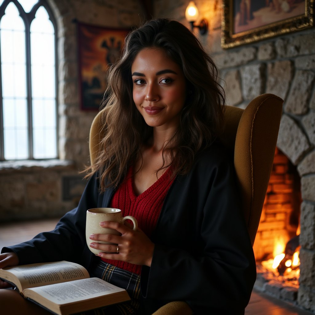 Ultra-detailed HDR over-the-shoulder medium shot of a 17-year-old female Gryffindor student with rich brown skin, deep brown almond eyes glancing toward the viewer with a relaxed half-smile, and full curly hair in loose shoulder-length style, softly backlit. Wearing an open black Hogwarts robe revealing a deep red cable-knit wool sweater (visible loop texture) and dark plaid skirt. Pose: seated in a plush armchair angled toward fireplace, left hand cradling a cream ceramic mug with faint glaze cracks, right hand resting on the open pages of a thick novel. Camera: Canon 5D Mark IV, 35mm f/2 lens, aperture f/2, camera positioned slightly behind and to the right for over-the-shoulder intimacy. Lighting: primary warm firelight (3200K) from right casting soft orange glow on skin and sweater, secondary cooler bounce from a nearby window diffusing shadows, faint rim light on hair from overhead sconce. Background: blurred Gryffindor common room tapestry and wooden side table, minimal visual elements.