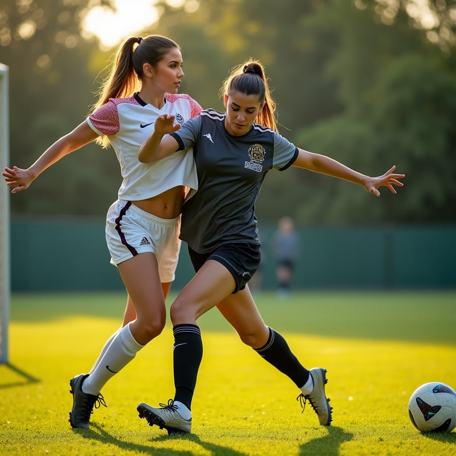 woman in athletic wear, determined expression, attempting to block a football at the goal post, action-packed pose, dramatic lighting, lush green football field in the background