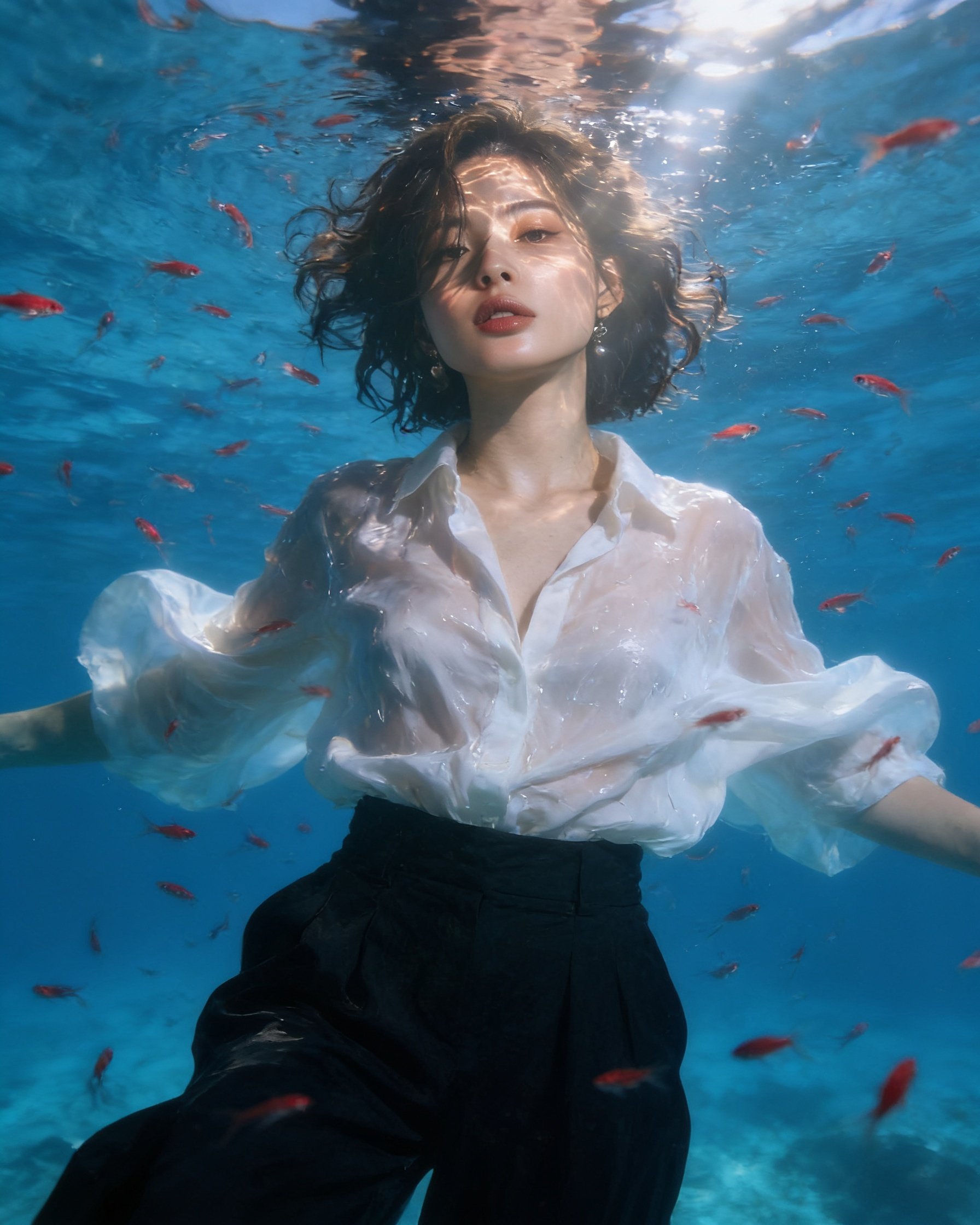Underwater fashion editorial, androgynous I photo
referencel model with wet curly hair floating in crystal clear deep blue sea, dramatic white wet chiffon shirt billowing around him, black wide-leg trousers, thousands of tiny scarlet fish swirling like living confetti, sunbeams creating caustic light patterns across face and fabric, otherworldly peaceful expression, high-end fashion photography underwater, surreal, cinematic lighting, shot by Tim Walker + Harley Weir, ultra-detailed wet cloth