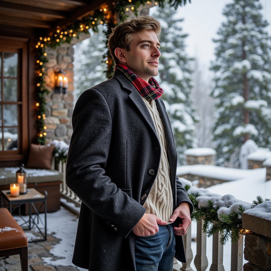 Man standing on a snow-dusted stone terrace overlooking pine forest; body slightly turned, eyes into distance. Hairstyle: swept-back hair, trimmed beard with snow specks. Attire: dark wool overcoat layered over a cream cable-knit sweater, plaid scarf loosely wrapped. Fabric details: visible wool fibers, scarf weave, frost crystals. Camera: medium telephoto, 70mm, f/2.8. Lighting: soft overcast daylight, gentle edge light from snow reflection. Background: blurred snow-covered pines and lodge windows glowing faintly; minimal foreground clutter. Pose: hands in coat pockets, posture upright. Render: highly detailed, highly realistic, HDR; visible breath mist, true skin tone under cool light.