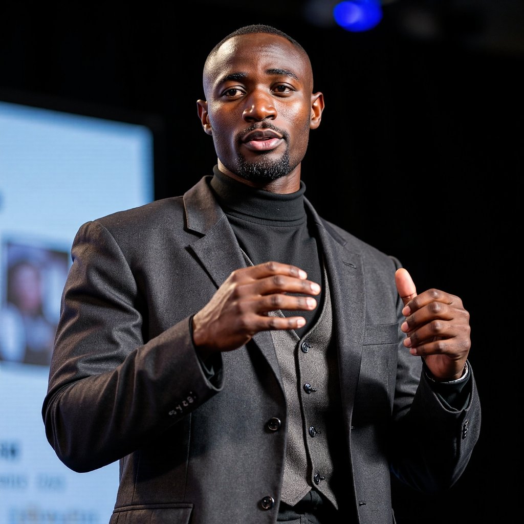 Highly realistic, highly detailed HDR image of a man keynote speaker on stage; charcoal blazer over a fine black turtleneck, small clip-on lav mic. Camera: 135mm lens, f/2.0, ISO 800, chest-up angle from audience perspective. Lighting: overhead spot as strong key, cool backlight rim highlighting shoulders, faint fill from stage floor bounce; believable shadows across backdrop. Pose: mid-gesture with open hands, animated expression as if addressing audience. Background: blurred LED screen with abstract graphics, minimal clutter.