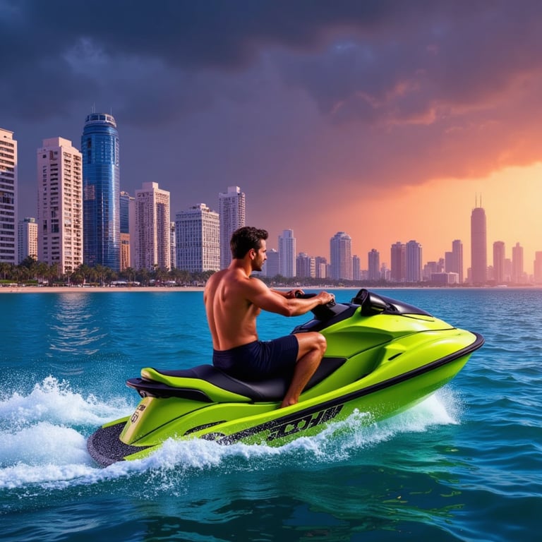 Nighttime GTA 6-style storm chase through a neon marina, reflections in puddles,