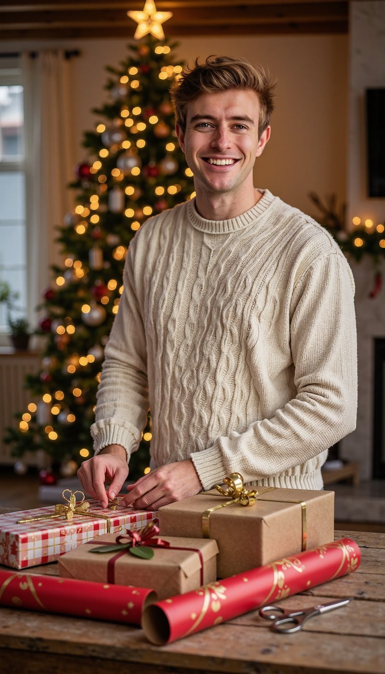 highly realistic close up photo of a man wrapping Christmas gifts at a wooden table in a warm apartment, soft golden fairy lights in the background, open gift boxes, rolls of red and gold wrapping paper, scissors and ribbon scattered neatly, subject wearing a cozy cream knit sweater, focused but happy expression, shallow depth of field with bokeh Christmas tree lights behind, shot on a 50mm lens at eye level, soft cinematic lighting, minimal clutter, ultra-detailed, HDR