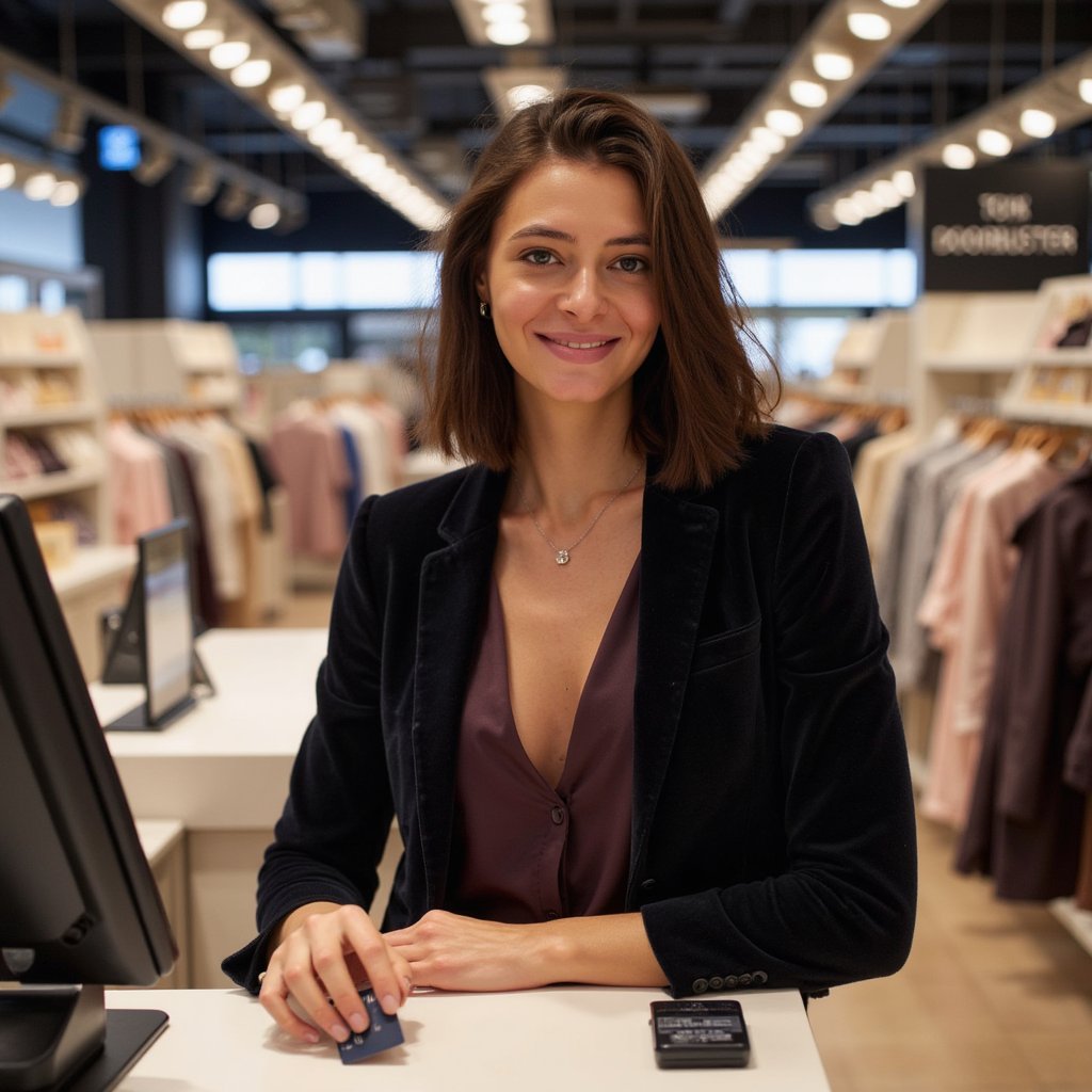 A stylish woman (female) head-and-shoulders at a minimalist checkout, contactless card poised near the terminal (no motion blur). Hairstyle: glossy, voluminous shoulder-length curls with defined highlights; makeup: luminous skin, subtle bronzer, glossy rose lips. Attire: deep plum silk-satin blouse with micro sheen under a black velvet blazer; fine pendant necklace. Pose: calm three-quarter profile toward camera; soft smile; eyes toward the terminal. Camera: 100mm portrait-macro, f/2.2 for crisp facial detail and creamy background. Lighting: warm register display as practical key, soft fill from above, faint cool rim from back signage. Background: blurred “DOORBUSTER” POS screen and tidy countertop; minimal clutter. Fabric detail: velvet pile direction, satin weave luster, stitching on lapels. Highly detailed, highly realistic, HDR, high resolution.