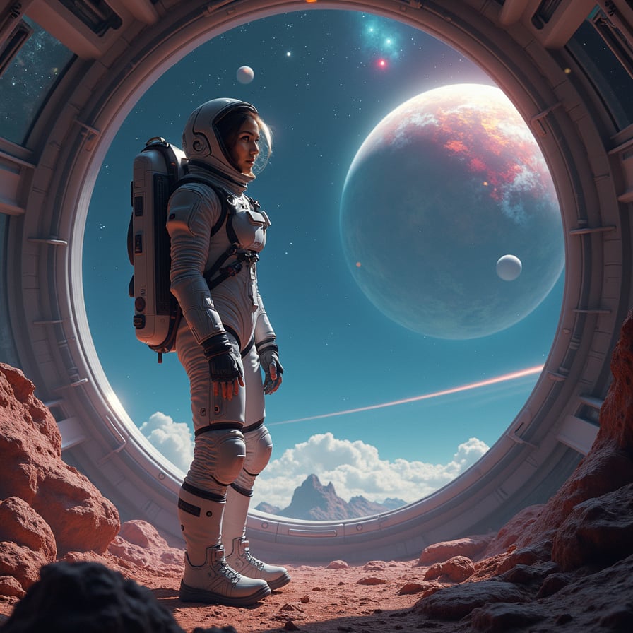 A futuristic scene with a woman standing on a rocky alien planet, gazing up at a sky filled with colorful nebulas and distant stars. She is wearing a sleek, high-tech space suit with glowing accents. Planets and asteroid belts are visible in the sky. The scene is filled with soft, otherworldly lighting and the vibrant hues of interstellar space