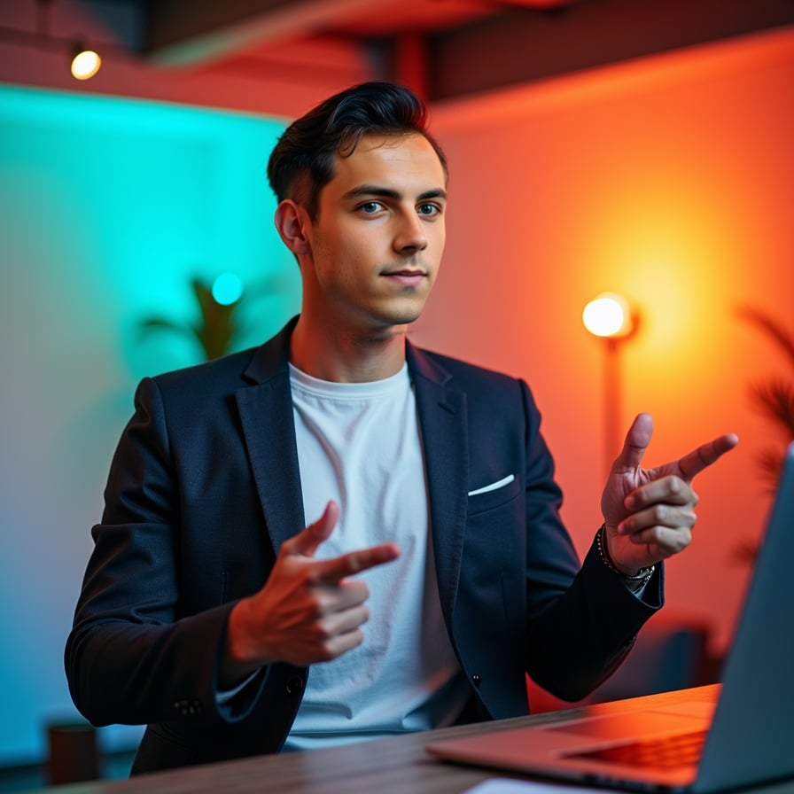 Generate a personalized thumbnail headshot of a man with a focused and engaging expression. He is pointing to the side or holding a prop relevant to his content (e.g., a microphone or laptop). The background is a vibrant color gradient, designed to match bold text overlays