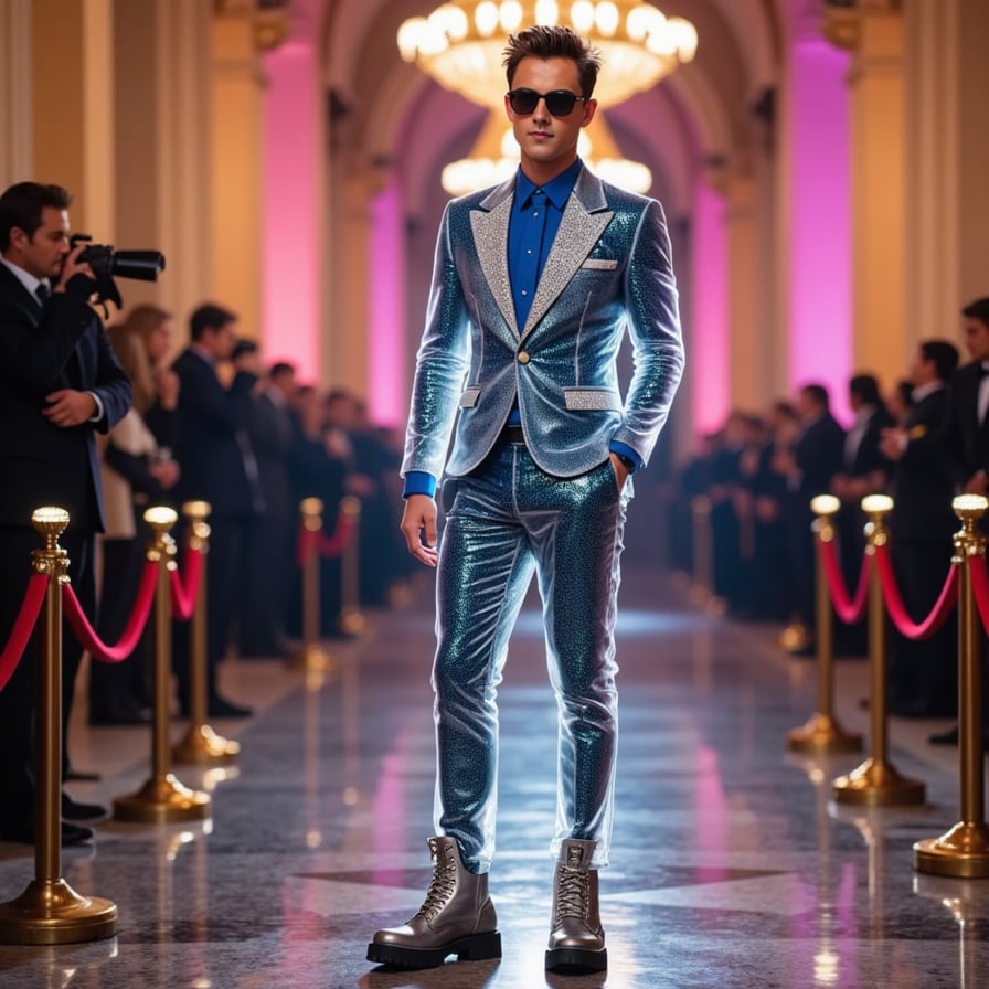A man in a translucent vinyl suit layered over a neon mesh bodysuit, accessorized with diamond-encrusted sunglasses and platform boots, Met Gala runway