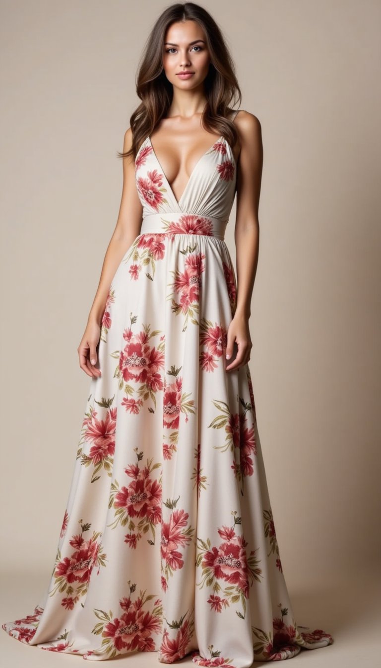 A user photo wearing neutral clothes is used to generate an image of them wearing a floral maxi dress from a reference catalog image — matching the pose, lighting, and fabric flow for a realistic fashion visualization