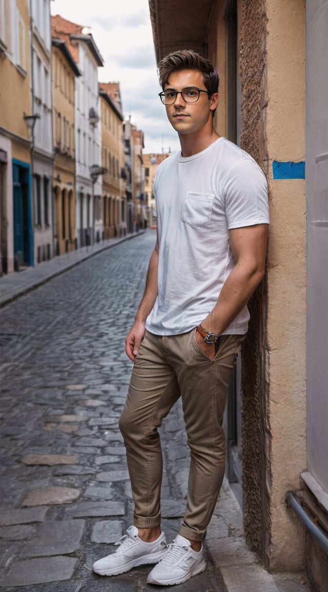 Trendy man in sunglasses, exploring scenic European streets.
