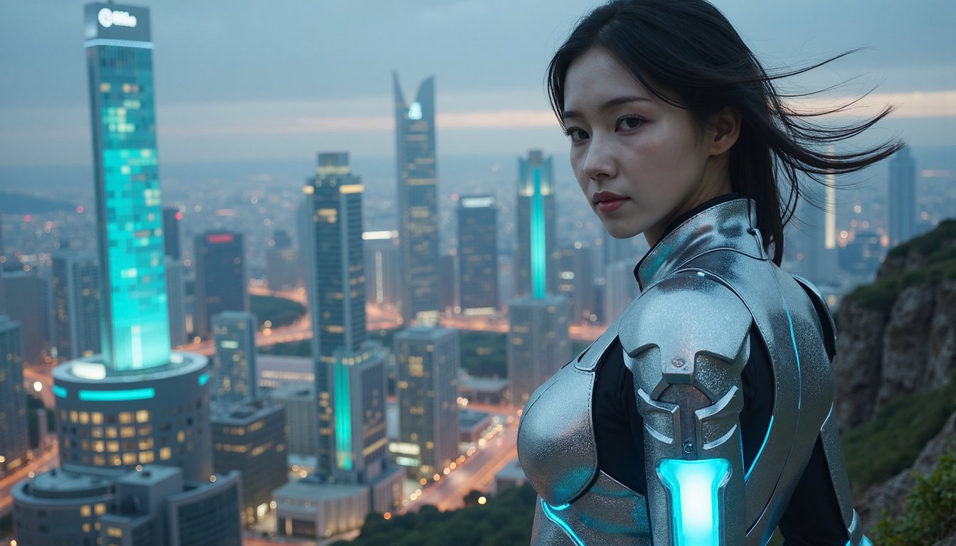 Photo-realistic waist-up shot of a woman in futuristic silver armor with glowing blue accents, standing on a cliff edge with a neon sci-fi city skyline behind her, wind in her hair, intense gaze, 4K cinematic render, dark dramatic tones, 16:9