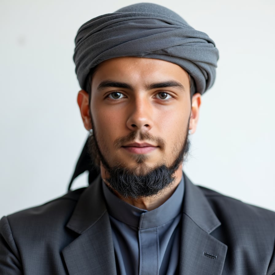 A passport-size photo of a person wearing religious attire, such as a hijab, turban, or skullcap. The background is plain white, and the attire does not cover the face. The lighting is even, with no shadows, and the individual maintains a neutral expression