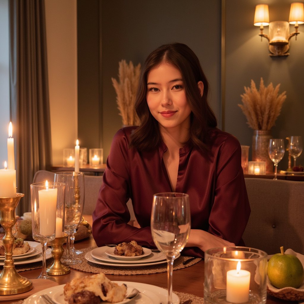 Highly detailed, highly realistic, hyperrealistic HDR portrait of a woman (female, ~34 yrs) seated waist-up at a Thanksgiving dinner table illuminated by soft candlelight. She wears a deep wine-colored satin blouse with subtle folds and sheen. Her hair is styled in gentle loose waves, falling naturally around her shoulders. The camera is at eye level, focusing sharply on her calm smile and relaxed posture, with a shallow depth of field blurring the dinner setting behind — faint shapes of plates, a flickering candle, and golden cutlery. Warm amber light from the candles creates reflections on glassware and highlights in her eyes. The atmosphere feels cozy, cinematic, and elegant. HDR, high resolution, high quality, highly detailed, photorealistic.