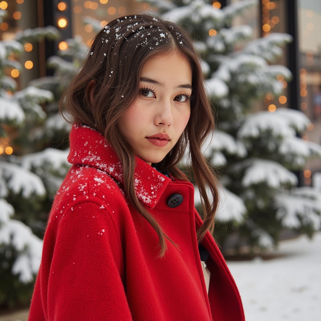 Waist-up outdoor portrait of a woman wearing a vivid red wool coat with a structured collar and black buttons; coat texture visible in crisp detail. She stands slightly turned away from the lens, looking gently back with a soft expression, still pose.
Hair: loose, soft curls with snowflakes resting naturally on the strands.
Makeup: natural glam—soft brown eyeliner, rosy cheeks, satin neutral lips.
Lighting: bright overcast snow-reflected light creating soft, even illumination; subtle highlights on coat fibers.
Background: blurred snowy evergreens with tiny golden fairy lights; minimal clutter.
Camera: 85mm f/2, eye-level; highly detailed, highly realistic, HDR, snowflakes, coat fibers, and eye reflections rendered sharply.