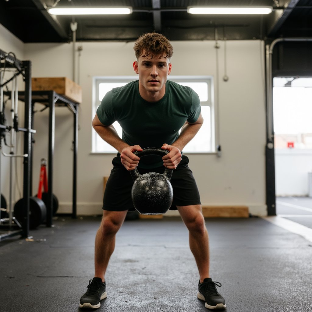 Man executing a two-hand Russian kettlebell swing at chest height in a minimalist functional gym; close-cropped hair, focused eyes; wearing a forest-green quick-dry tee (fine pique texture), black 7” training shorts, flat lifting shoes; both hands centered on handle with firm neutral grip (no intertwined fingers), chalk dust drifting; mid-distance frontal shot, 70mm, f/2.8, 1/1600, ISO 640 to freeze kettlebell and chalk; overhead strip LEDs as key with cool rim from open doorway, soft shadows on rubber flooring; background: plyo box and rack softly blurred, minimal clutter; sharp detail on cast-iron patina, fabric grain, forearm hair, and sweat sheen; highly detailed, highly realistic, HDR.