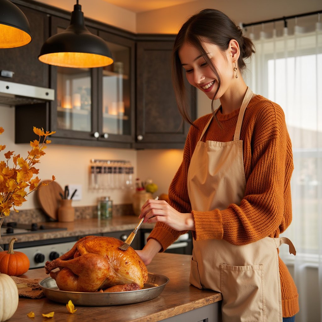 Highly realistic, highly detailed, hyperrealistic HDR waist-up image of a woman (female, ~35 yrs) standing beside a rustic kitchen counter, gently brushing glaze on a golden roast turkey. She wears a soft beige apron over a rust-orange sweater, sleeves rolled neatly. Her hair is in a loose low bun with a few strands framing her face, warm smile lit by amber pendant lights above. Camera positioned slightly from the side (~25°) focusing on her face and hands; background softly blurred — faint outline of cabinets, a vase of autumn leaves, and warm daylight filtering through. Visible textures: sheen of the turkey skin, fabric weave of the apron, fine reflections on metal tray. Cozy Thanksgiving warmth. HDR, high resolution, high quality, highly detailed, photorealistic.