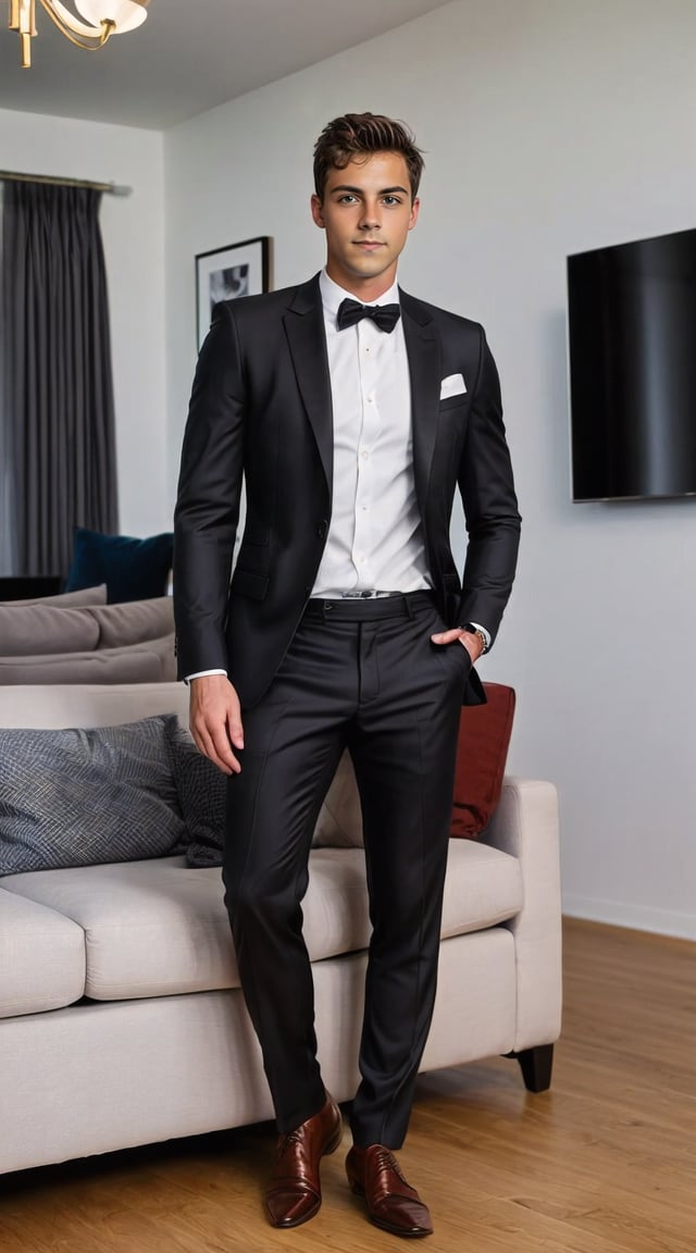 Stylish man in suit, luxury villa, Instagram-ready photo.
