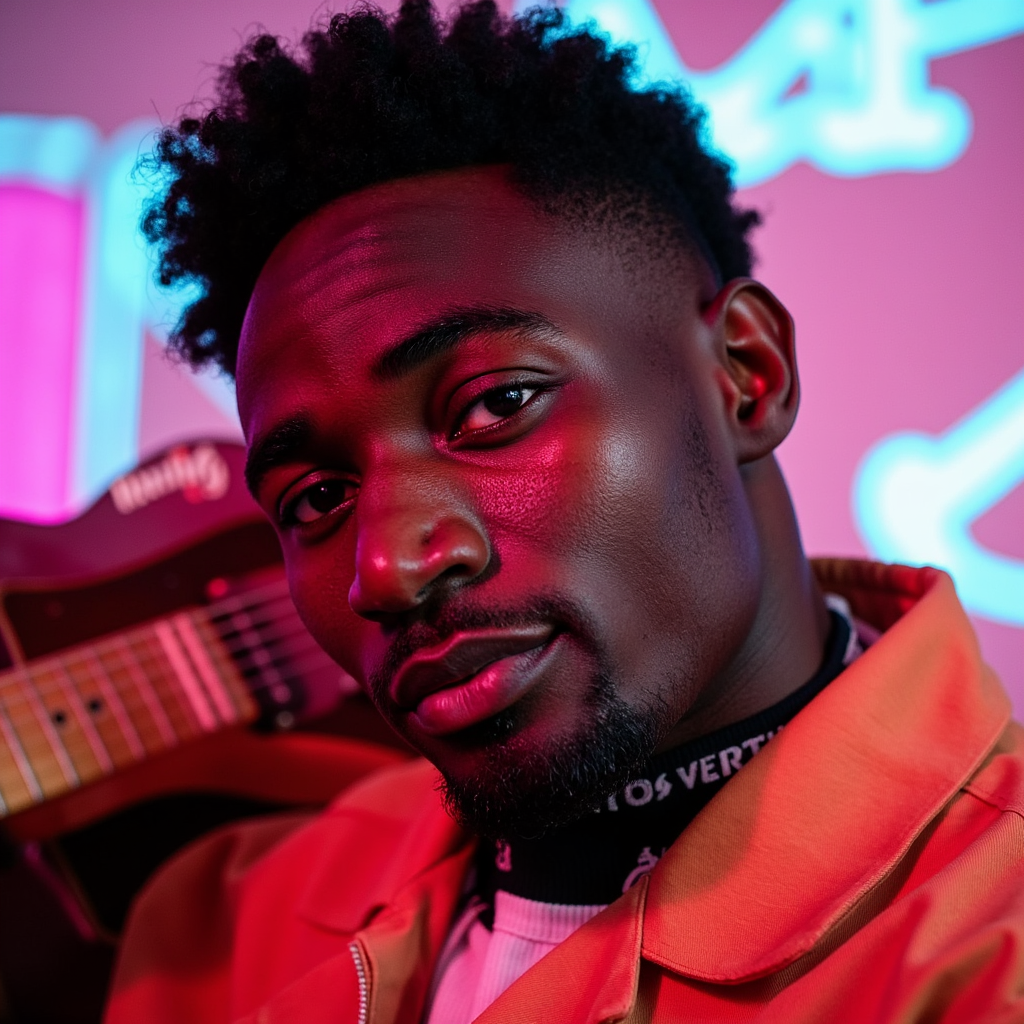 Side-profile headshot of a thoughtful musician with a guitar resting on shoulder